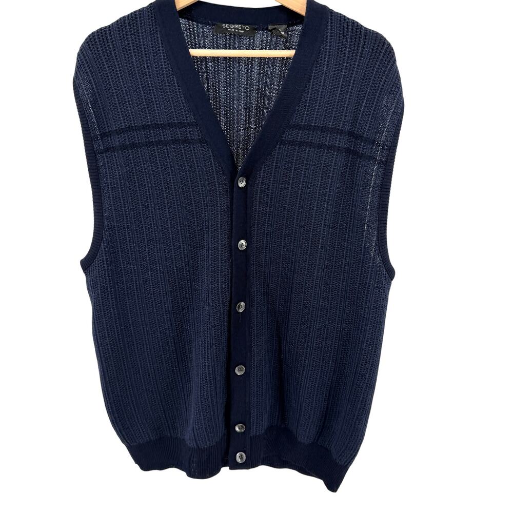 Segreto Navy Blue 100% Merino Wool Ribbed Button Front Cardigan Sweater Vest